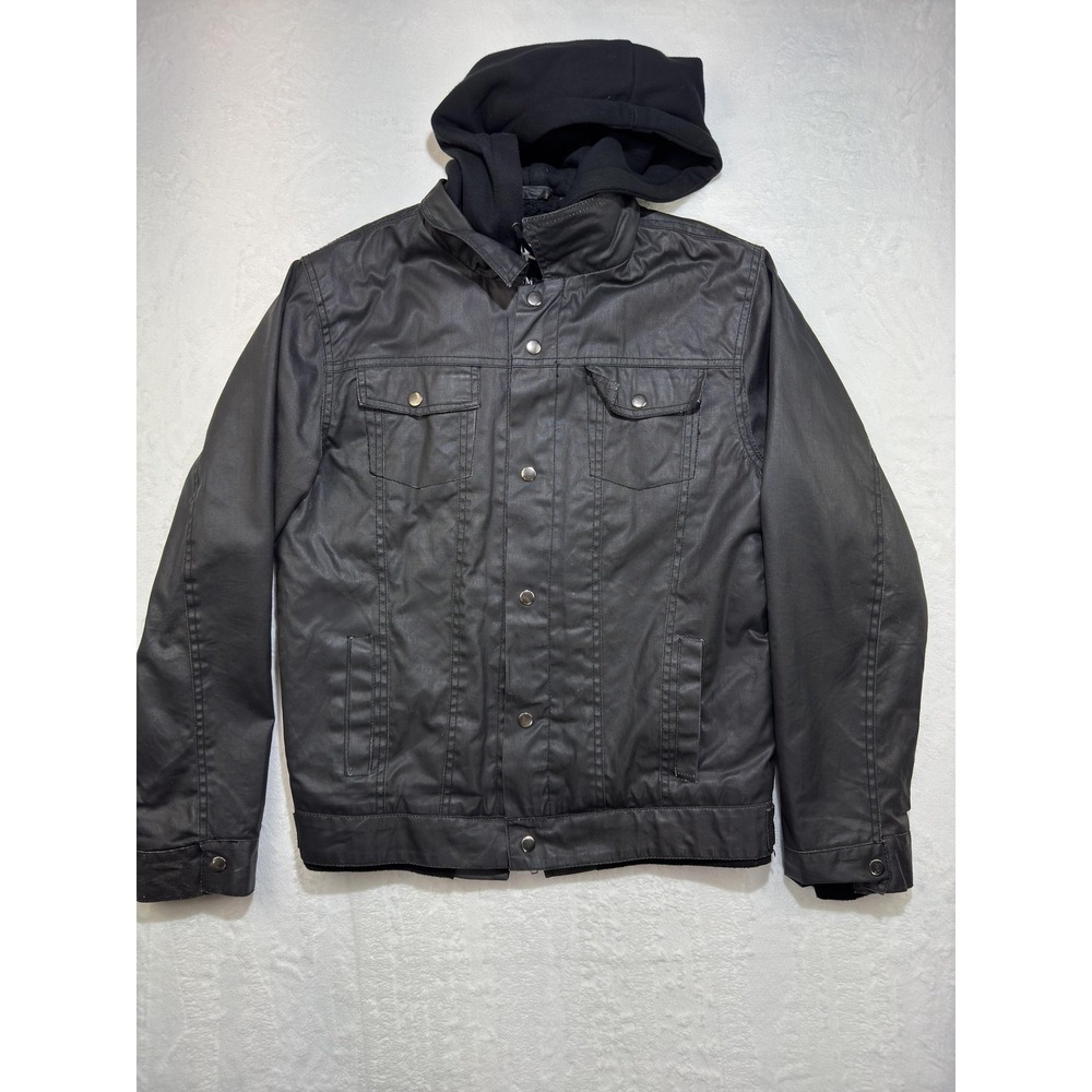 Carbon Jacket Mens Small Black Faux Leather Hooded Biker Zip Pockets Lined